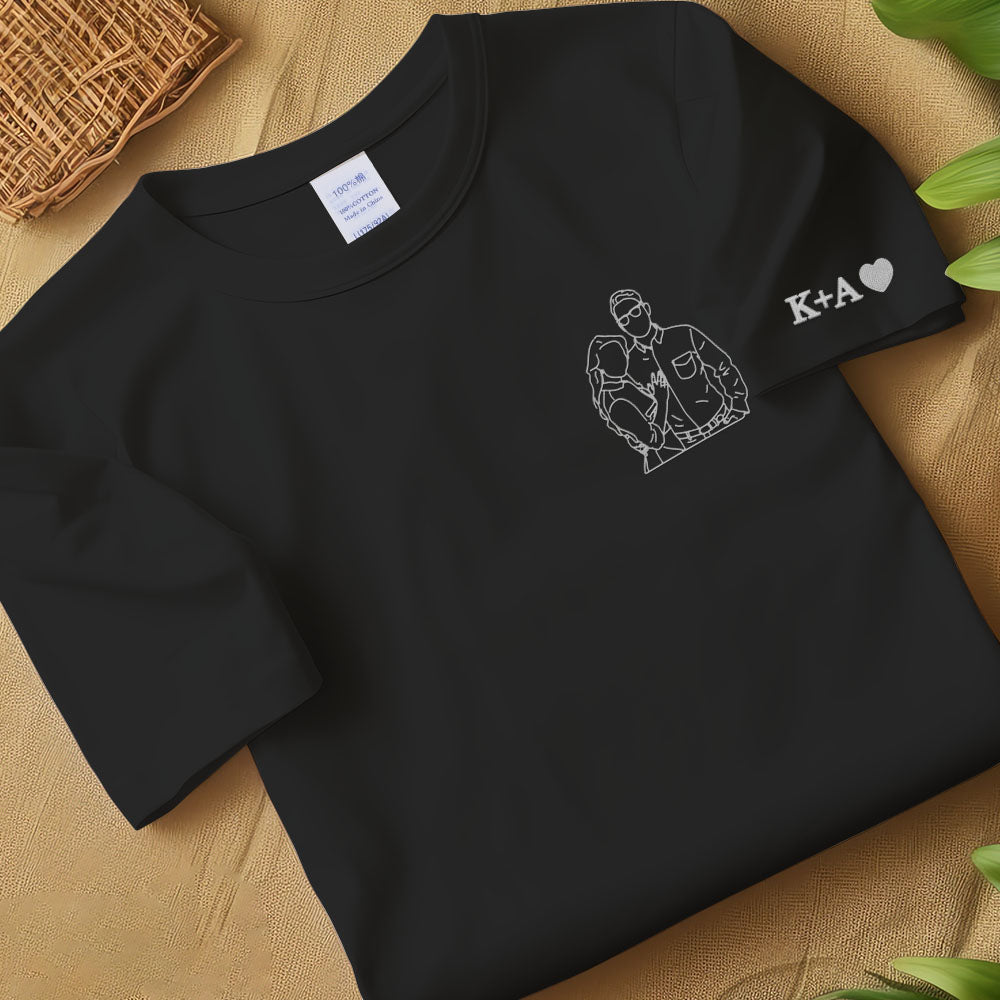 Custom Couple Photo T-shirt, Outline Embroidered Sketch From Photo Jumper, Personalised Faceless Couple Portrait T-shirt, Birthday Matching Top