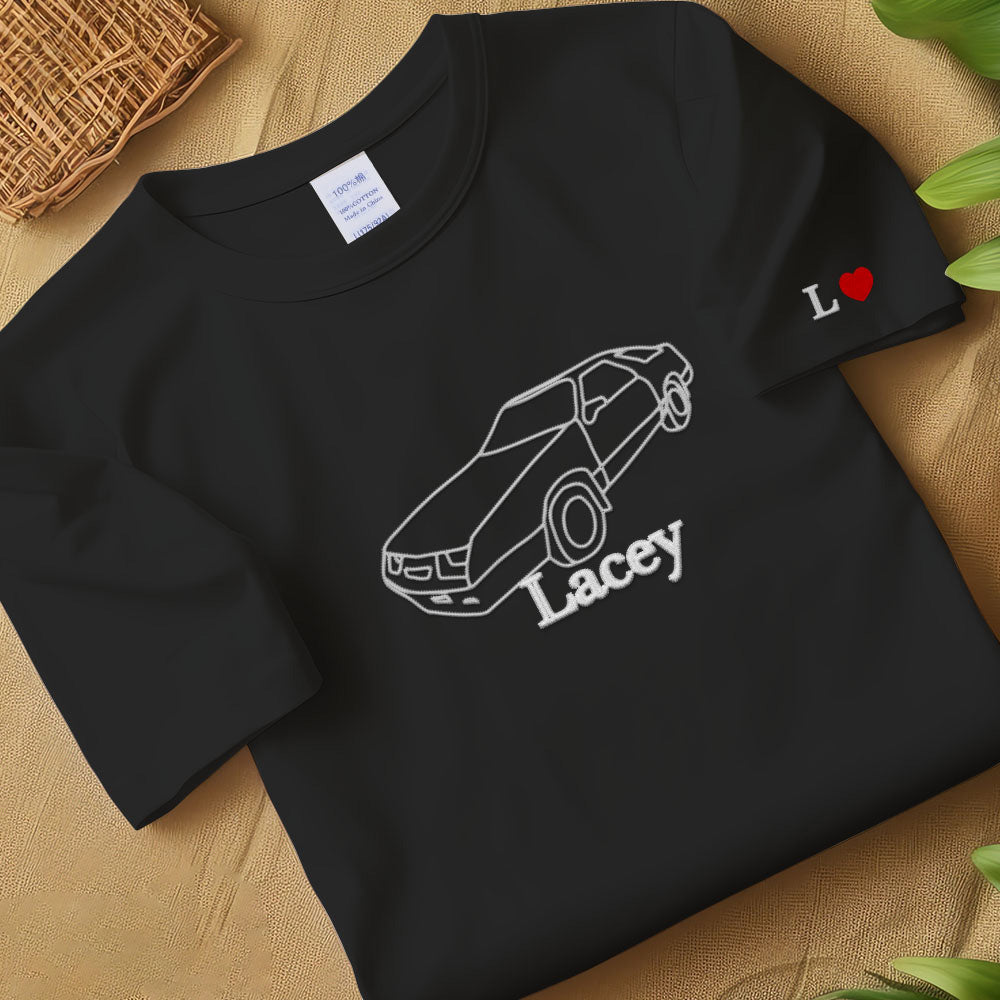 Custom Car Outline Portrait Sweatshirt, Embroidered Sketch from Photo Sweatshirt, Personalised Name Initials T-shirt, Best Car Guy Present