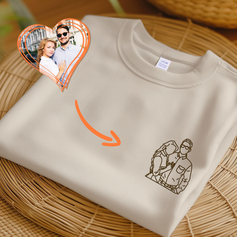 Custom Couple Photo T-shirt, Outline Embroidered Sketch From Photo Jumper, Personalised Faceless Couple Portrait T-shirt, Birthday Matching Top