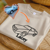 Custom Car Outline Portrait Sweatshirt, Embroidered Sketch from Photo Sweatshirt, Personalised Name Initials T-shirt, Best Car Guy Present