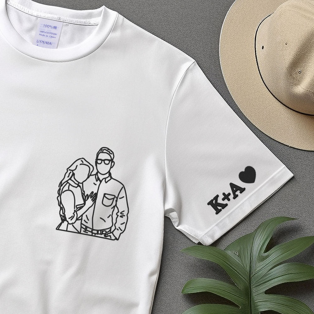 Custom Couple Photo T-shirt, Outline Embroidered Sketch From Photo Jumper, Personalised Faceless Couple Portrait T-shirt, Birthday Matching Top