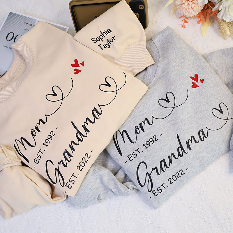 First Mom Now Grandma Personalized Embroidered Sweatshirt With Kids Name On Sleeve