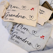 First Mom Now Grandma Personalized Embroidered Sweatshirt With Kids Name On Sleeve