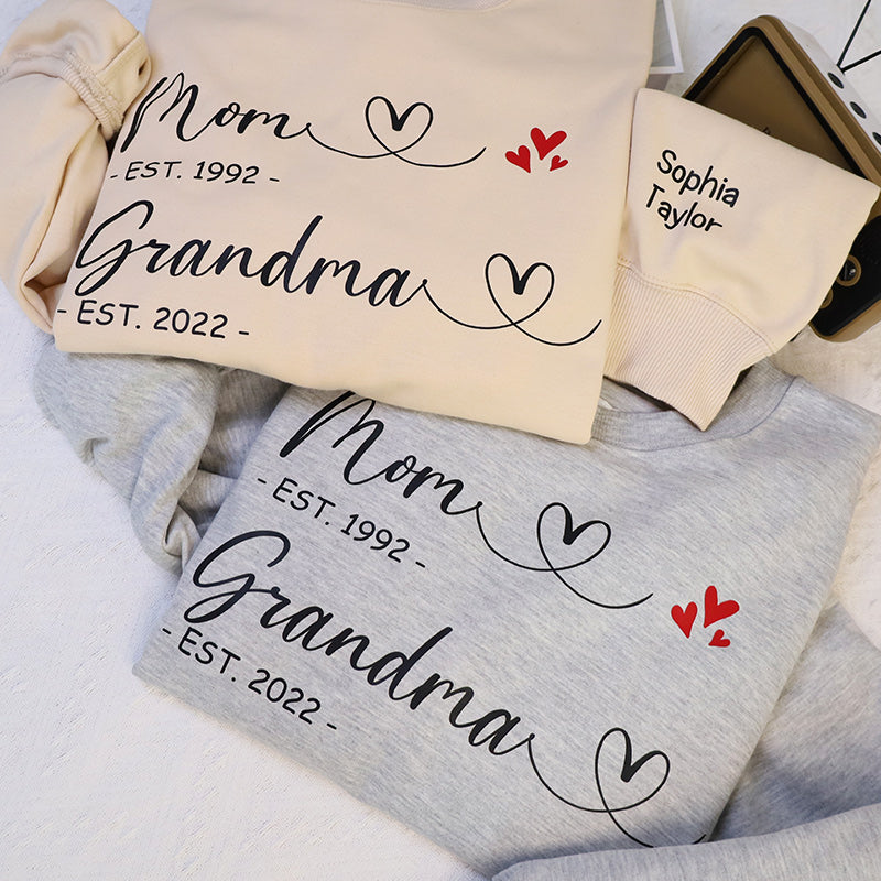 First Mom Now Grandma Personalized Embroidered Sweatshirt With Kids Name On Sleeve
