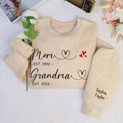 First Mom Now Grandma Family Custom Sweatshirt With Kids Name On Sleeve