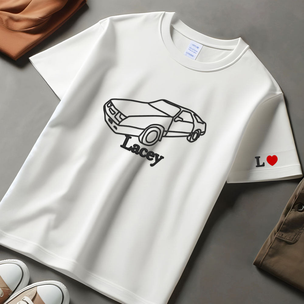 Custom Car Outline Portrait Sweatshirt, Embroidered Sketch from Photo Sweatshirt, Personalised Name Initials T-shirt, Best Car Guy Present