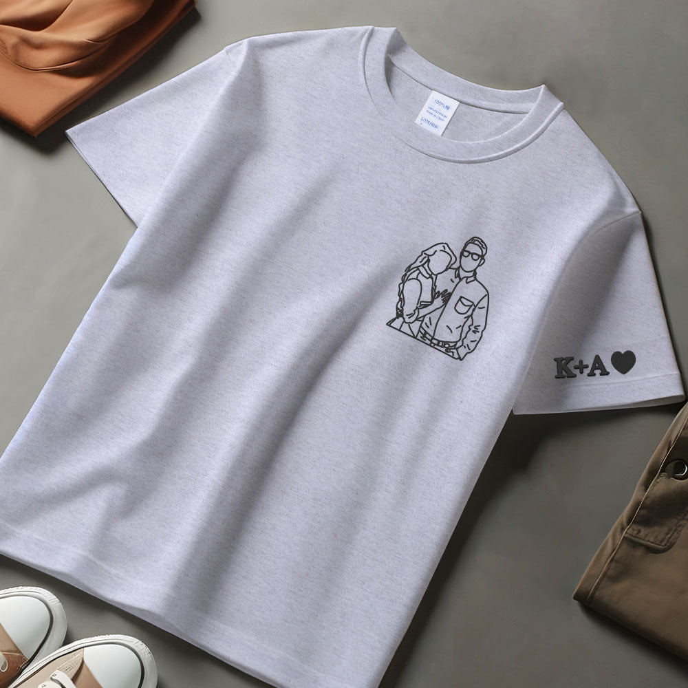 Custom Couple Photo T-shirt, Outline Embroidered Sketch From Photo Jumper, Personalised Faceless Couple Portrait T-shirt, Birthday Matching Top
