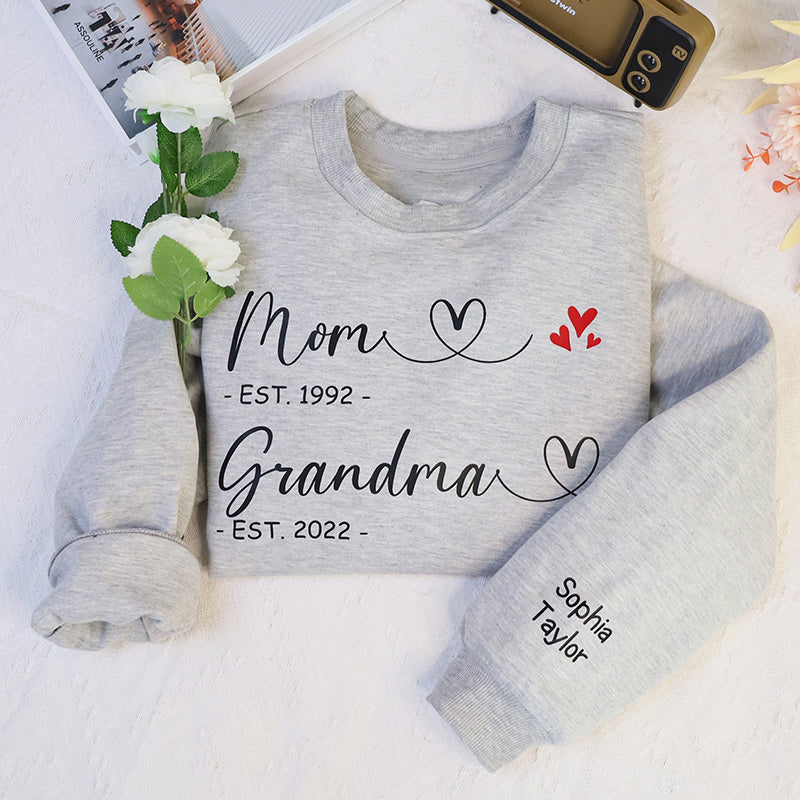 First Mom Now Grandma Personalized Embroidered Sweatshirt With Kids Name On Sleeve