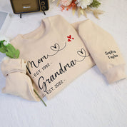First Mom Now Grandma Family Custom Sweatshirt With Kids Name On Sleeve