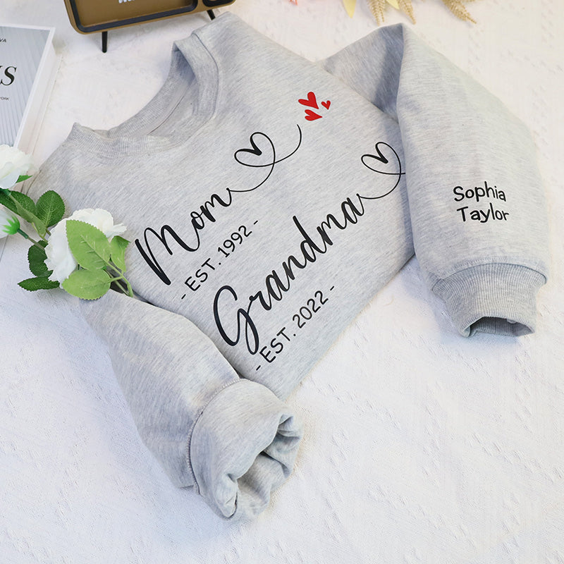 First Mom Now Grandma Personalized Embroidered Sweatshirt With Kids Name On Sleeve