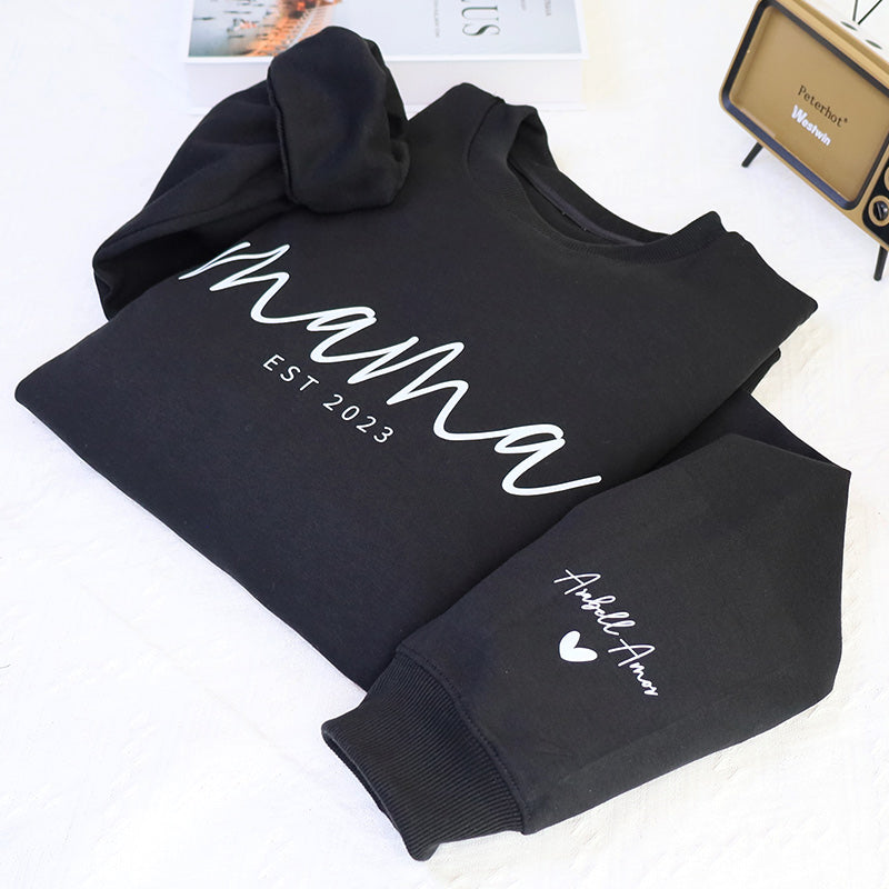 Custom Mama Sweatshirt With Date And Children Name On Sleeve