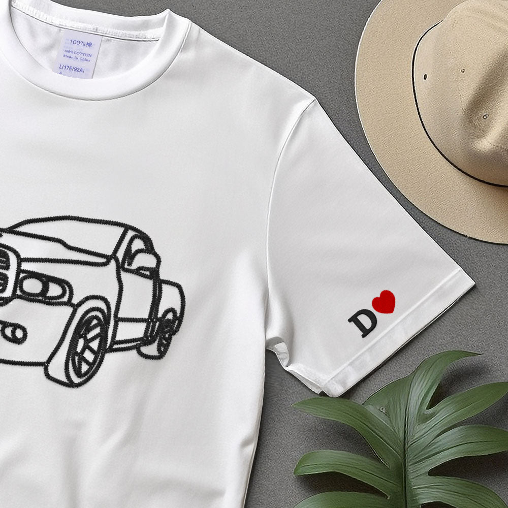 Custom Embroidered Car Sweatshirt, Personalised Photo Outline Portrait T-shirt, Boyfriend Name Initial on Sleeve, Best Car Guy Birthday Gift