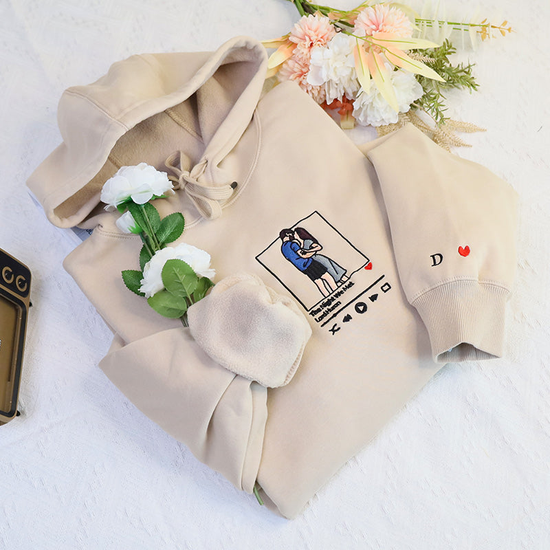 Plus Velvet Style-Gift For Couple Custom Embroidered Hoodie Portrait Music Player Personalized Hoodie