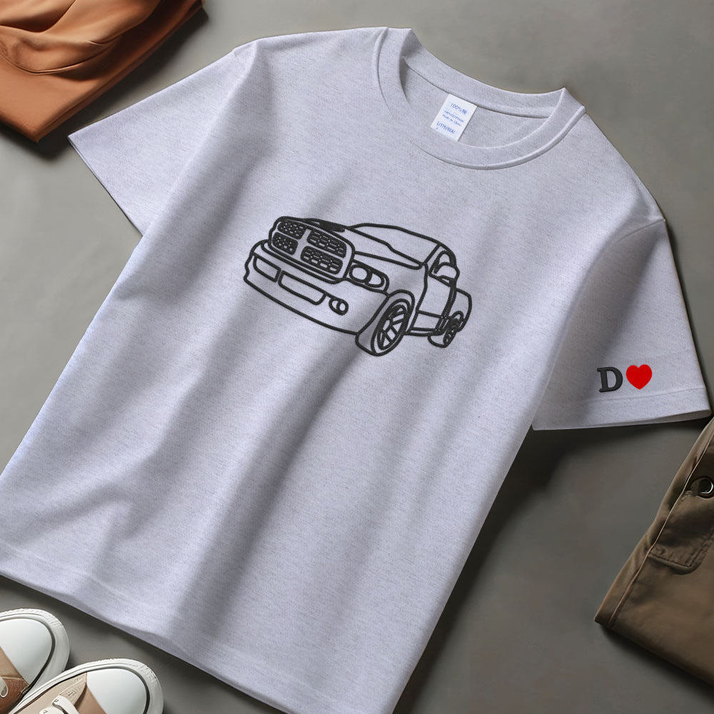 Custom Embroidered Car Sweatshirt, Personalised Photo Outline Portrait T-shirt, Boyfriend Name Initial on Sleeve, Best Car Guy Birthday Gift