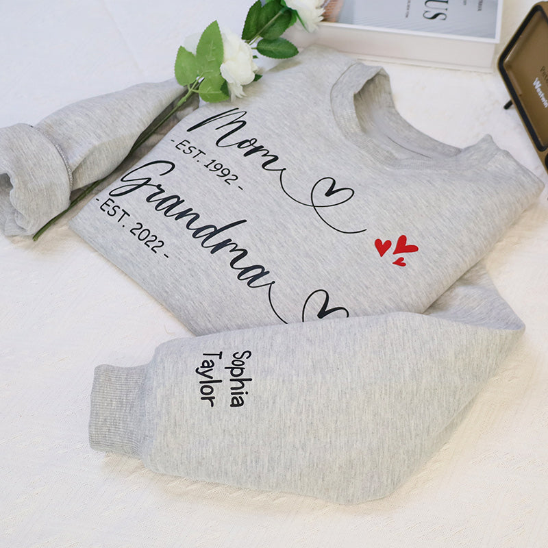 First Mom Now Grandma Personalized Embroidered Sweatshirt With Kids Name On Sleeve