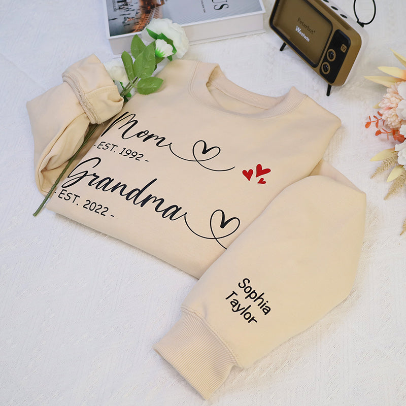 First Mom Now Grandma Family Custom Sweatshirt With Kids Name On Sleeve