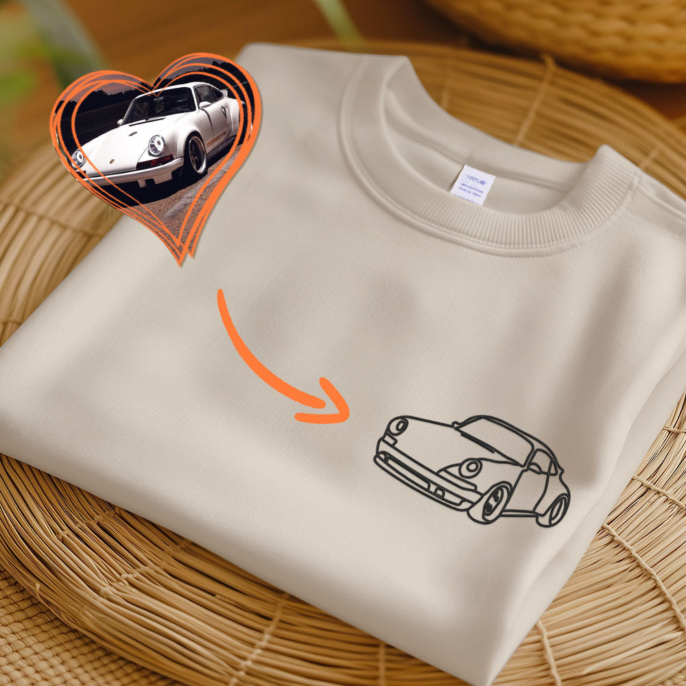 Embroidered Car Sketch Hoodies, Portrait from Photo Car Outline Hoody, Personalised Motorbike Jumper, Car Lover Hoodies, Gift for Car Guys