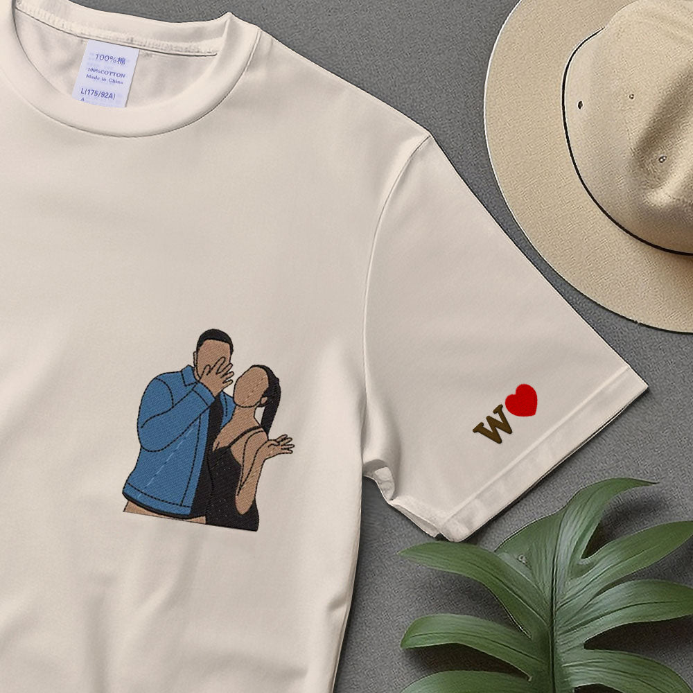 Custom Embroidered Portrait T-shirt, Personalized Couple Portrait Shirt, Couple Sweater, Anniversary Shirt