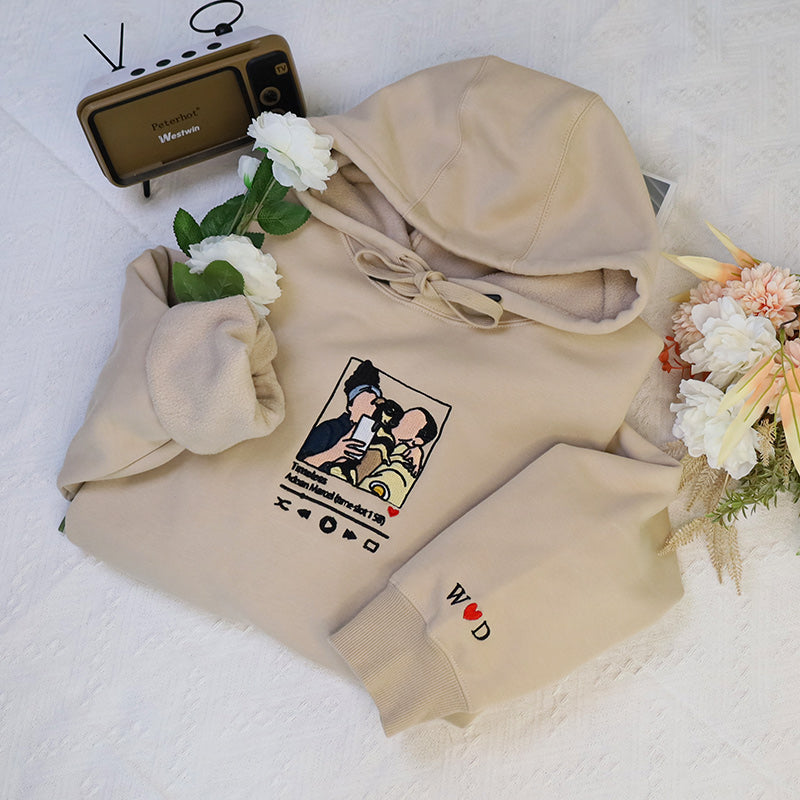 Plus Velvet Style-Custom Embroidered Hoodie Portrait Music Player Couple Family Gift