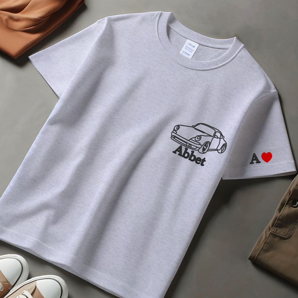 Custom Car Outline Portrait Sweatshirt, Embroidered Sketch from Photo Sweatshirt, Personalised Name Initials T-shirt, Best Car Guy Present