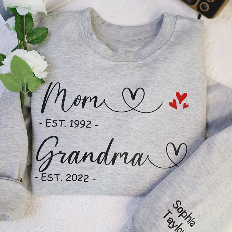 First Mom Now Grandma Personalized Embroidered Sweatshirt With Kids Name On Sleeve