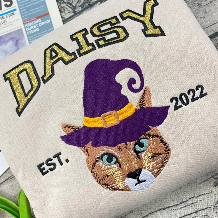 Custom Embroidered Pet From Your Photo Sweatshirt, Personalized Halloween Pet Glitter Sweatshirt, Pet Name Glitter Sweatshirt, Cat Mom Gift