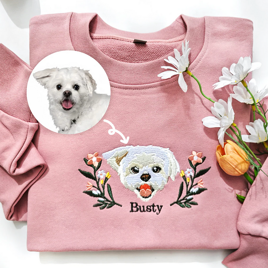 Custom Embroidered Hoodie/Sweatshirt With Pet Portrait Flower