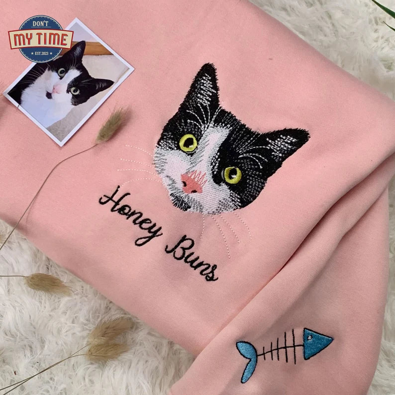Custom Pet Embroidery Sweatshirt from Photo, Personalized Dog Embroidered Sweatshirt, Pet Face Sweatshirt, Crewneck, Tee or Hoodie