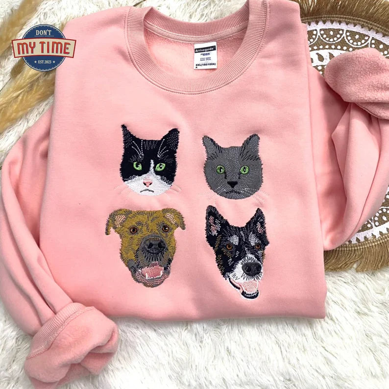 Custom Pet Embroidery Sweatshirt from Photo, Personalized Dog Embroidered Sweatshirt, Pet Face Sweatshirt, Crewneck, Tee or Hoodie